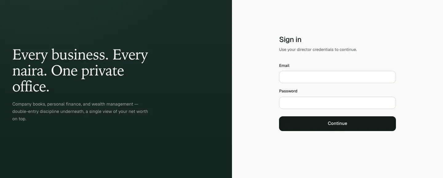 Finance Hub sign-in — Every business. Every naira. One private office.